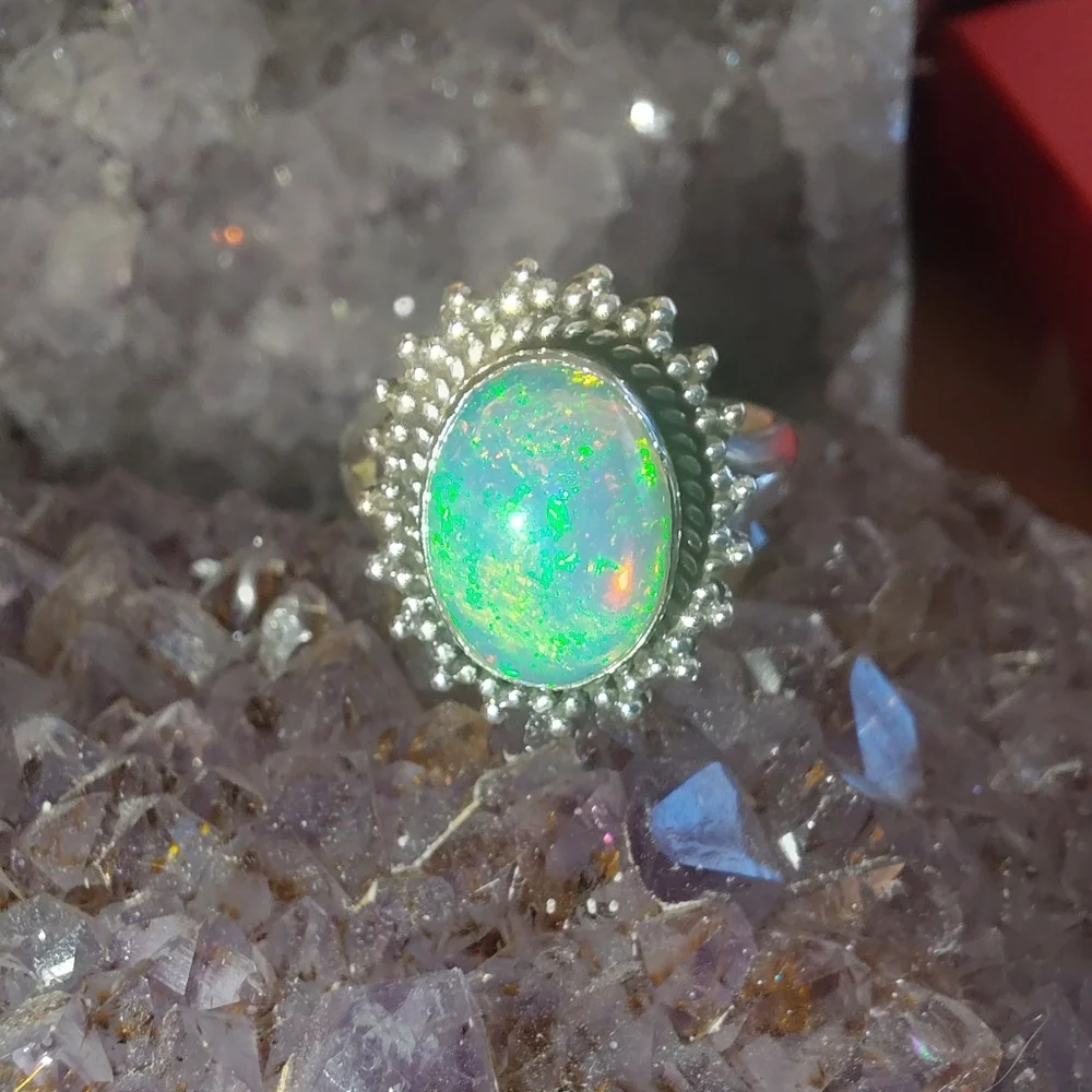 Sterling Silver Ethiopian Opal Halo Statement Ring